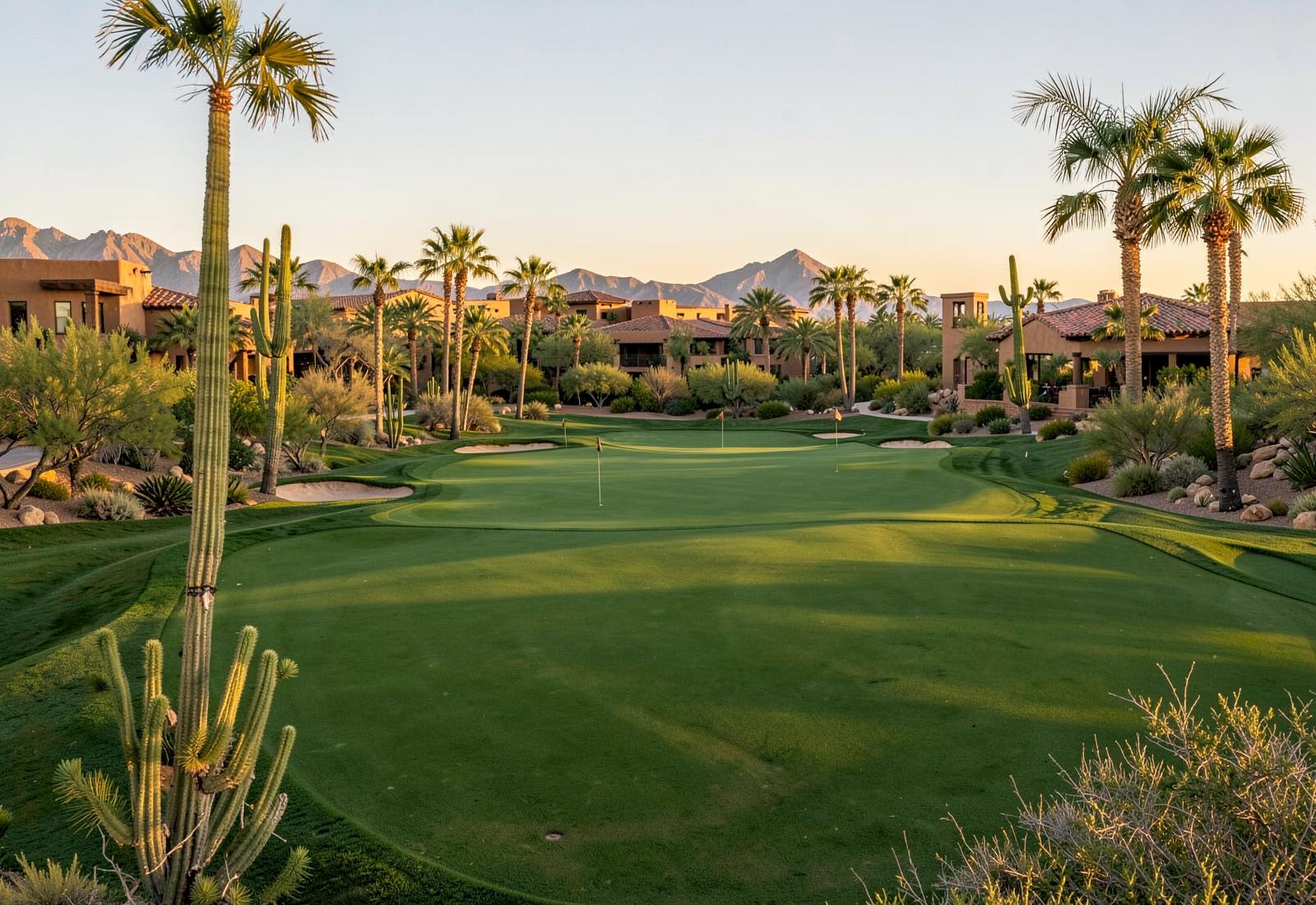 Championship green framed by saguaro cactus