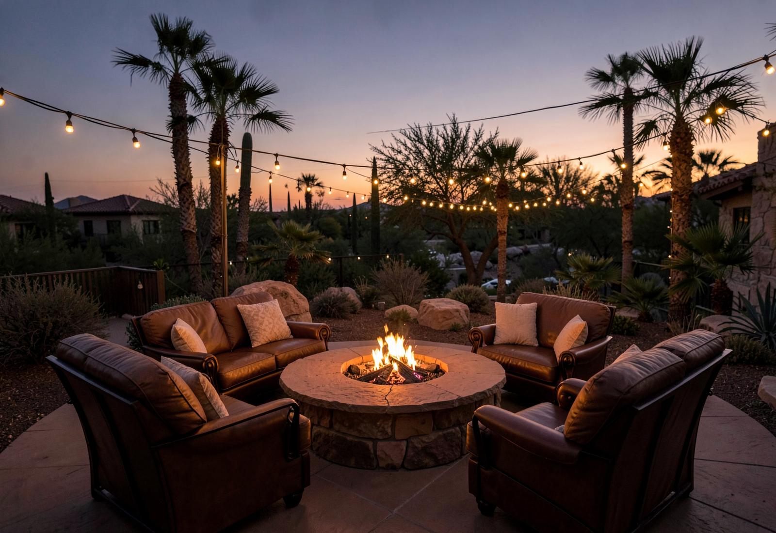 Fire pit lounge at dusk